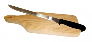 Planche à découper en bois avec manche et son couteau